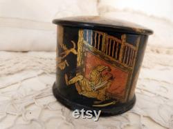 Antique French paper mache powder box lacquered papermache box w painted chinoiserie Napoleon III decor papiermache papier mache lacquer box