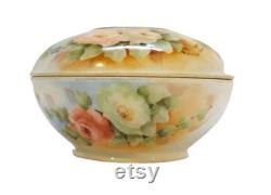 Antique GDA Limoges Hair Receiver Powder Trinket Box Hand Painted Roses Victorian Vintage Vanity Shabby Cottage Boudoir