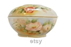 Antique GDA Limoges Hair Receiver Powder Trinket Box Hand Painted Roses Victorian Vintage Vanity Shabby Cottage Boudoir