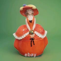 Antique German Half Doll Feather Hat Porcelain Powder Trinket Jar Dresser Box