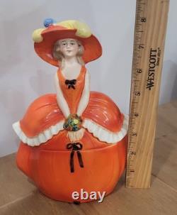 Antique German Half Doll Feather Hat Porcelain Powder Trinket Jar Dresser Box