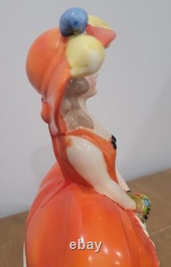 Antique German Half Doll Feather Hat Porcelain Powder Trinket Jar Dresser Box