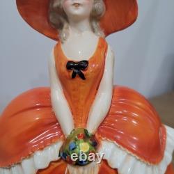 Antique German Half Doll Feather Hat Porcelain Powder Trinket Jar Dresser Box