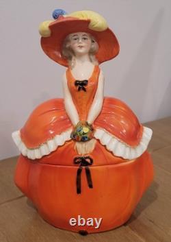 Antique German Half Doll Feather Hat Porcelain Powder Trinket Jar Dresser Box