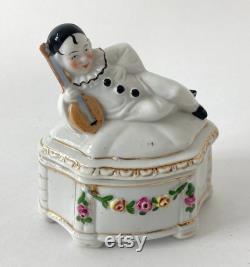 Antique German Mandolin Pierrot Clown Hand Painted Porcelain Vanity Powder Box Powder Jar Trinket Dresser Box (4.25 inch 11cm)