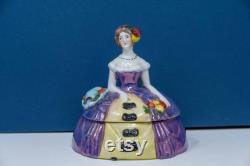 Antique German Sitzendorf Porcelain Victorian Lady Figure Powder Box Half Doll Powder Puff Holder- Dressing Table Trinket Box 1920-30s