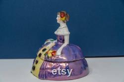 Antique German Sitzendorf Porcelain Victorian Lady Figure Powder Box Half Doll Powder Puff Holder- Dressing Table Trinket Box 1920-30s