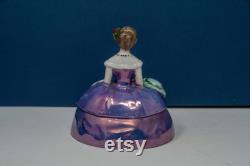 Antique German Sitzendorf Porcelain Victorian Lady Figure Powder Box Half Doll Powder Puff Holder- Dressing Table Trinket Box 1920-30s
