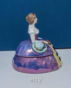 Antique German Sitzendorf Porcelain Victorian Lady Figure Powder Box Half Doll Powder Puff Holder- Dressing Table Trinket Box 1920-30s