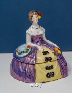 Antique German Sitzendorf Porcelain Victorian Lady Figure Powder Box Half Doll Powder Puff Holder- Dressing Table Trinket Box 1920-30s