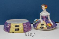Antique German Sitzendorf Porcelain Victorian Lady Figure Powder Box Half Doll Powder Puff Holder- Dressing Table Trinket Box 1920-30s