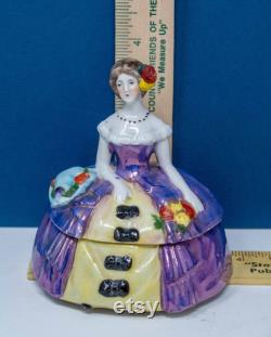 Antique German Sitzendorf Porcelain Victorian Lady Figure Powder Box Half Doll Powder Puff Holder- Dressing Table Trinket Box 1920-30s