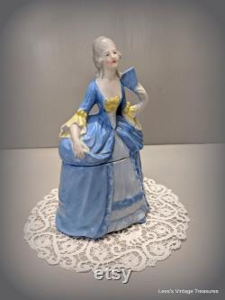 Antique Germany Vanity Powder Trinket Jar, Colonial Lady with Fan, Elegant Dresser Jar, Collectible Vanity Dish, Half Doll Related