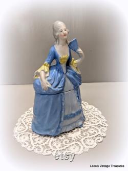 Antique Germany Vanity Powder Trinket Jar, Colonial Lady with Fan, Elegant Dresser Jar, Collectible Vanity Dish, Half Doll Related