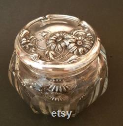 Antique Glass Powder Jar with Sterling Lid with Flowers, Vanity Dresser Jar, Dressing Table Jar, Vanity Decor, Powder Jar with Daisies