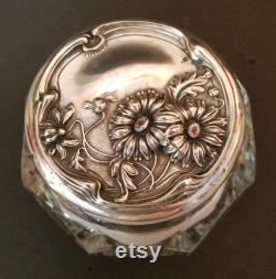 Antique Glass Powder Jar with Sterling Lid with Flowers, Vanity Dresser Jar, Dressing Table Jar, Vanity Decor, Powder Jar with Daisies