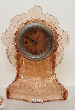 Antique Glass Vanity Set Pink Roses Walther and Sohne 1930s Glass Dresser Set Vintage Vanity Set Depression Glass Clock Art Deco Vanity Set