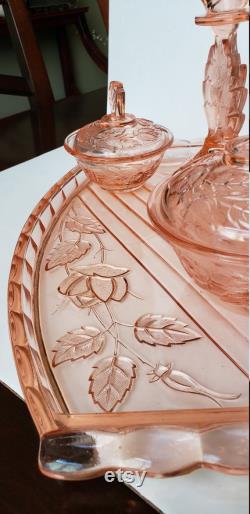 Antique Glass Vanity Set Pink Roses Walther and Sohne 1930s Glass Dresser Set Vintage Vanity Set Depression Glass Clock Art Deco Vanity Set