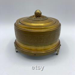 Antique Gold Filigree Footed Powder Puff Music Box, Vintage Dresser Box