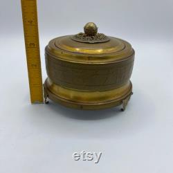 Antique Gold Filigree Footed Powder Puff Music Box, Vintage Dresser Box