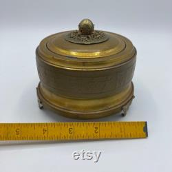 Antique Gold Filigree Footed Powder Puff Music Box, Vintage Dresser Box