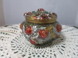 Antique Goofus Glass Powder Jar Trinket Dish Cabbage Rose Gold Gilt Gorgeous