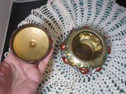Antique Goofus Glass Powder Jar Trinket Dish Cabbage Rose Gold Gilt Gorgeous