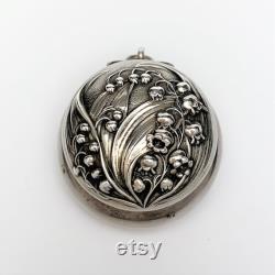 Antique Gorham Sterling Silver Chatelaine Powder Box Compact with Lily of the Valley Motif