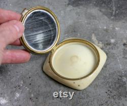 Antique Guilloche Celluloid, Metal, and Enameled Floral Poppies Powder Compact