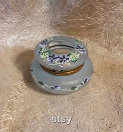 Antique Hair Receiver Bohemian Glass Enameled Victorian Violets Vintage Puff Powder Box Vanity Boudoir Casket