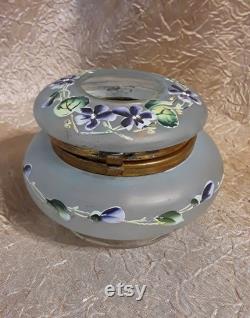 Antique Hair Receiver Bohemian Glass Enameled Victorian Violets Vintage Puff Powder Box Vanity Boudoir Casket