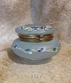 Antique Hair Receiver Bohemian Glass Enameled Victorian Violets Vintage Puff Powder Box Vanity Boudoir Casket