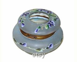 Antique Hair Receiver Bohemian Glass Enameled Victorian Violets Vintage Puff Powder Box Vanity Boudoir Casket