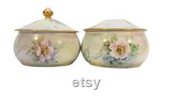 Antique Hair Receiver Powder Trinket Box Set Hand Painted Roses Victorian Vintage Vanity Shabby Cottage Boudoir