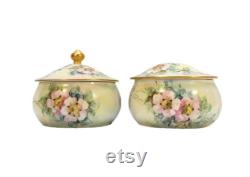 Antique Hair Receiver Powder Trinket Box Set Hand Painted Roses Victorian Vintage Vanity Shabby Cottage Boudoir