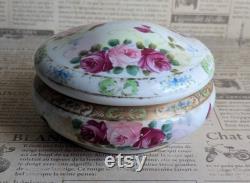 Antique Hand-Painted Floral Rose Lidded Powder Bowl FREE SHIPPING