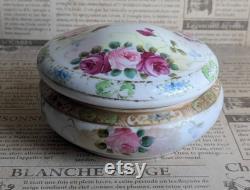 Antique Hand-Painted Floral Rose Lidded Powder Bowl FREE SHIPPING