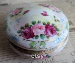 Antique Hand-Painted Floral Rose Lidded Powder Bowl FREE SHIPPING