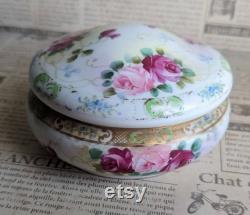 Antique Hand-Painted Floral Rose Lidded Powder Bowl FREE SHIPPING