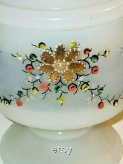Antique Hand Painted Flower White Opaline Glass Vanity Dresser Powder Jar Victorian Brisol