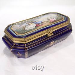 Antique Hand Painted Jeweled French Sevres Type Cobalt Blue Porcelain Table Box