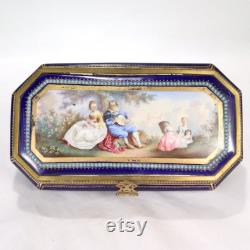 Antique Hand Painted Jeweled French Sevres Type Cobalt Blue Porcelain Table Box