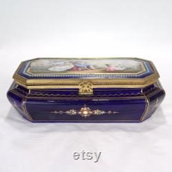 Antique Hand Painted Jeweled French Sevres Type Cobalt Blue Porcelain Table Box