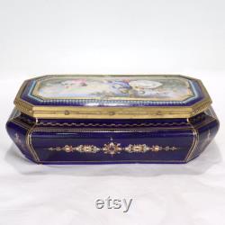 Antique Hand Painted Jeweled French Sevres Type Cobalt Blue Porcelain Table Box