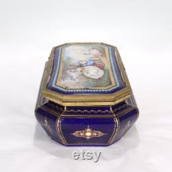 Antique Hand Painted Jeweled French Sevres Type Cobalt Blue Porcelain Table Box