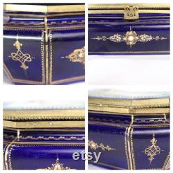 Antique Hand Painted Jeweled French Sevres Type Cobalt Blue Porcelain Table Box