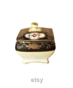 Antique Hand Painted Nippon Porcelain Powder Box Trinket Dish Black Trim Floral Shabby Cottage Chic 3