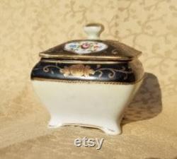 Antique Hand Painted Nippon Porcelain Powder Box Trinket Dish Black Trim Floral Shabby Cottage Chic 3