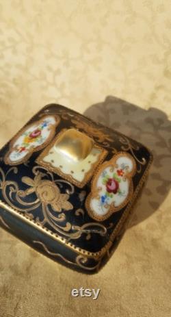 Antique Hand Painted Nippon Porcelain Powder Box Trinket Dish Black Trim Floral Shabby Cottage Chic 1