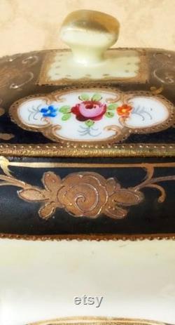 Antique Hand Painted Nippon Porcelain Powder Box Trinket Dish Black Trim Floral Shabby Cottage Chic 1